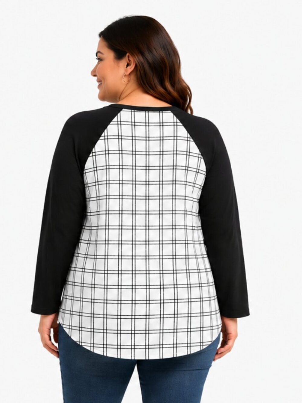 Gilli Women's Plus Size Mixed Media Black Plaid Long Sleeve Tunic Top